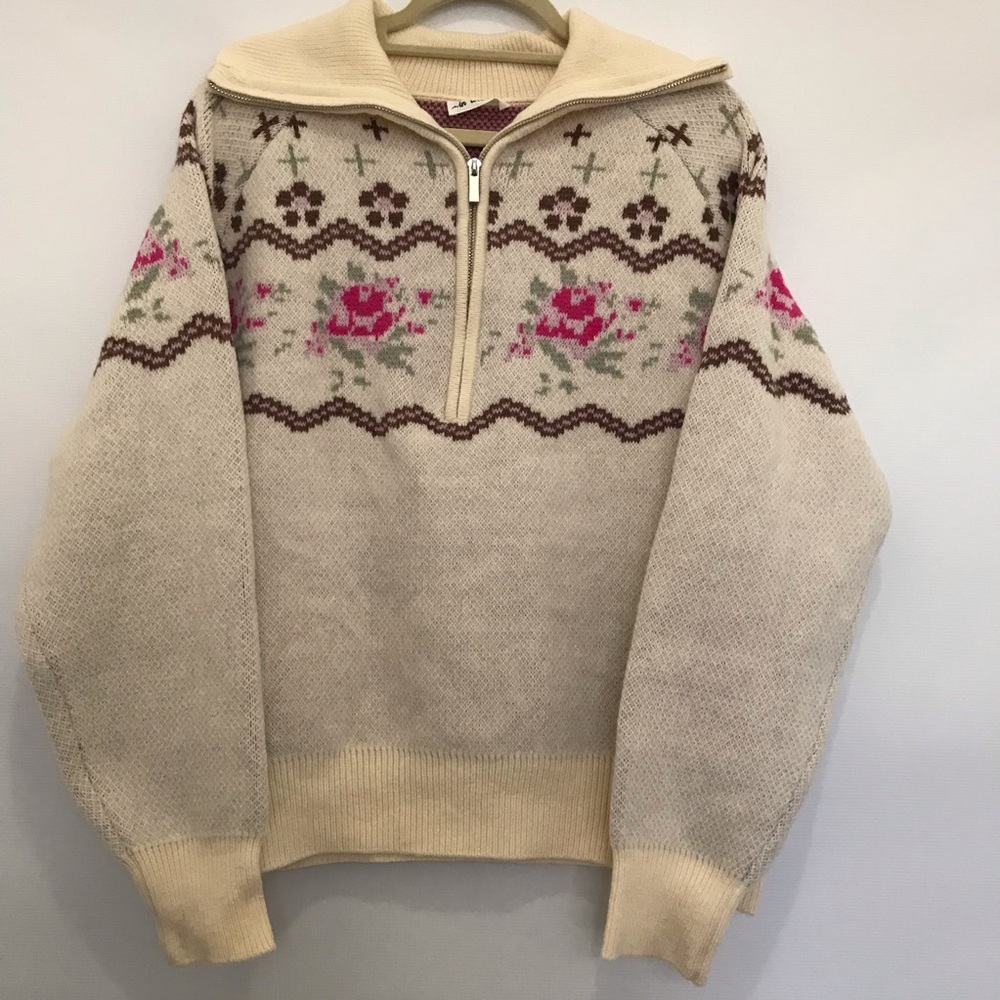 In Loom Cream Fair Isle Half‑Zip Sweater with Pink Rose Motif Size L